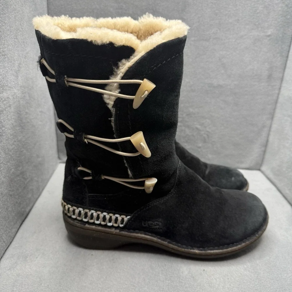 UGG Australia Kona Toggle Black Sheepskin Suede Winter Boots Women's US 9
